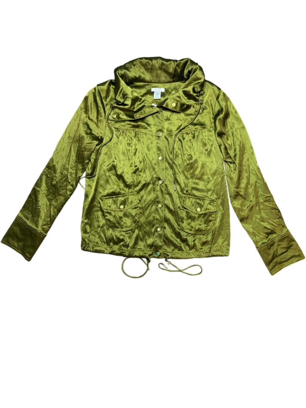Caché Green Silk Long Sleeve Button Up W/Front Pockets